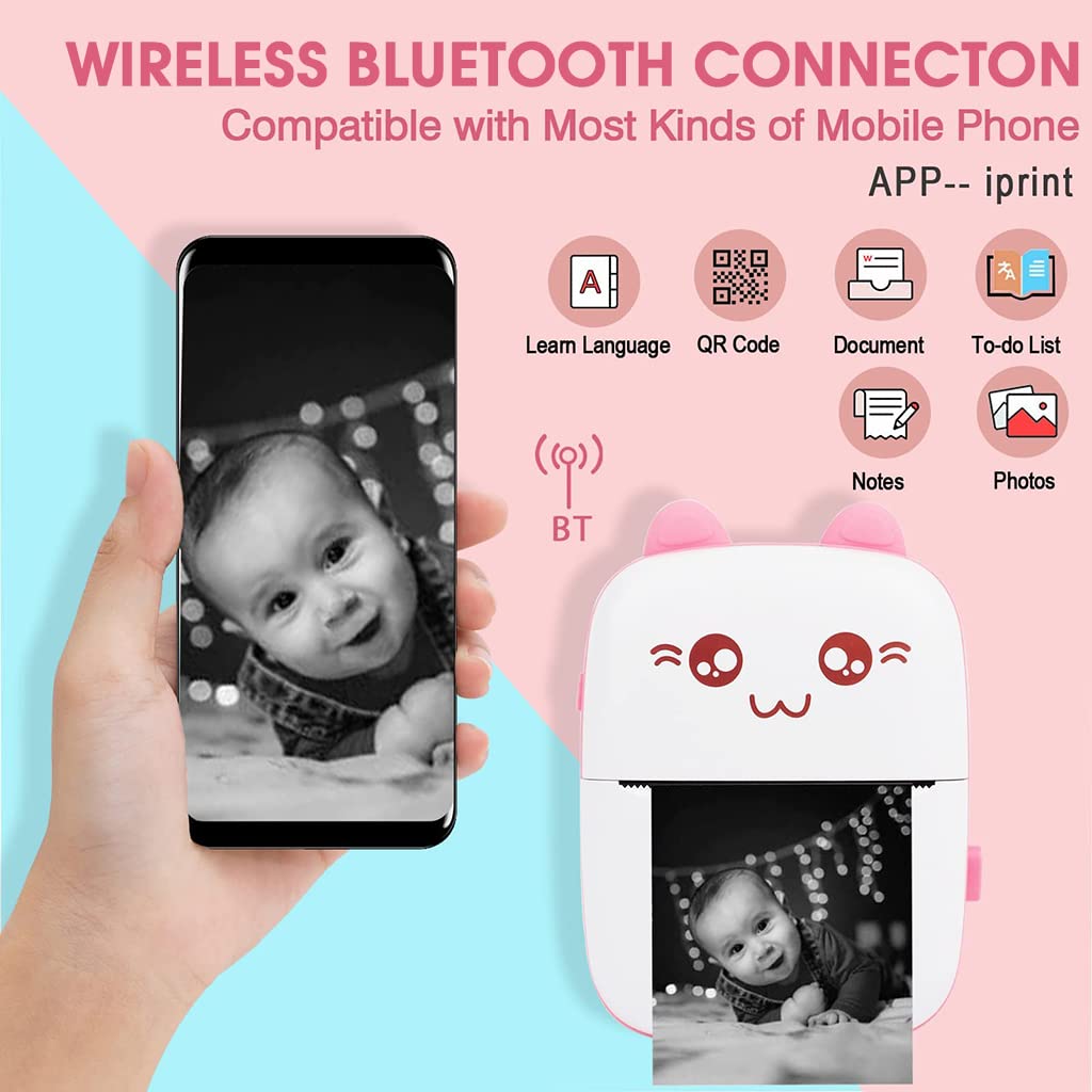 ZORBES Mini Printer, Small Pocket Printer Black and White Printing Bluetooth Thermal Printer Compatible with iOS, Android, Portable Printer with 6 Rolls Printing Paper for Notes, Memos, DIY - Pink ZORBES Mini Printer, Small Pocket Printer Black and White Printing Bluetooth Thermal Printer Compatible with iOS, Android, Portable Printer with 6 Rolls Printing Paper for Notes, Memos, DIY - Pink